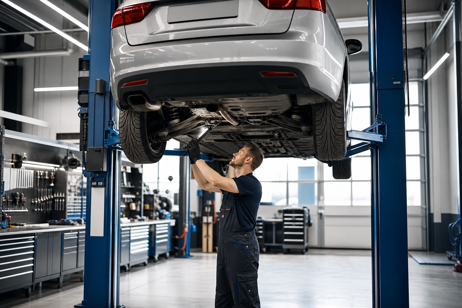 Auto nosturilla modernissa korjaamossa