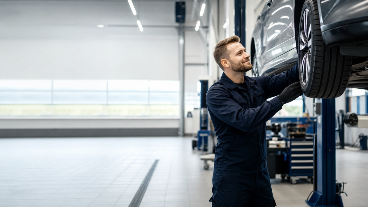Moderni autokorjaamo ja mekaanikko työssään